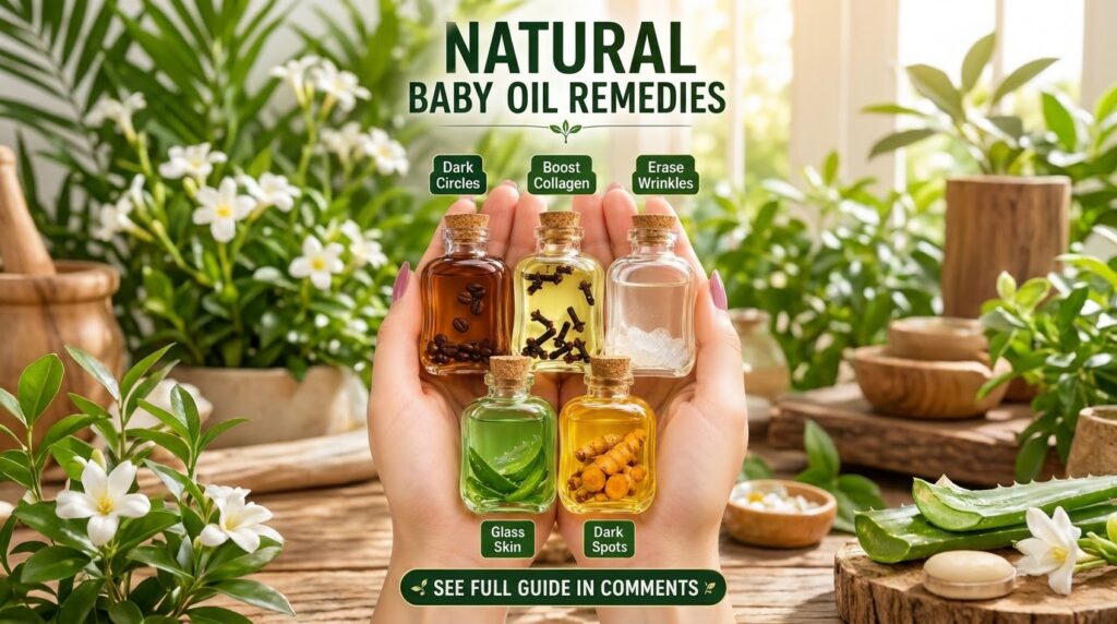 Cupped hands holding five small glass bottles each containing natural ingredients like coffee aloe and turmeric suspende