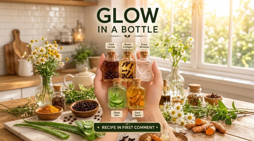 Hands holding small cork-stoppered glass bottles containing natural skincare ingredients like coffee beans cloves aloe v