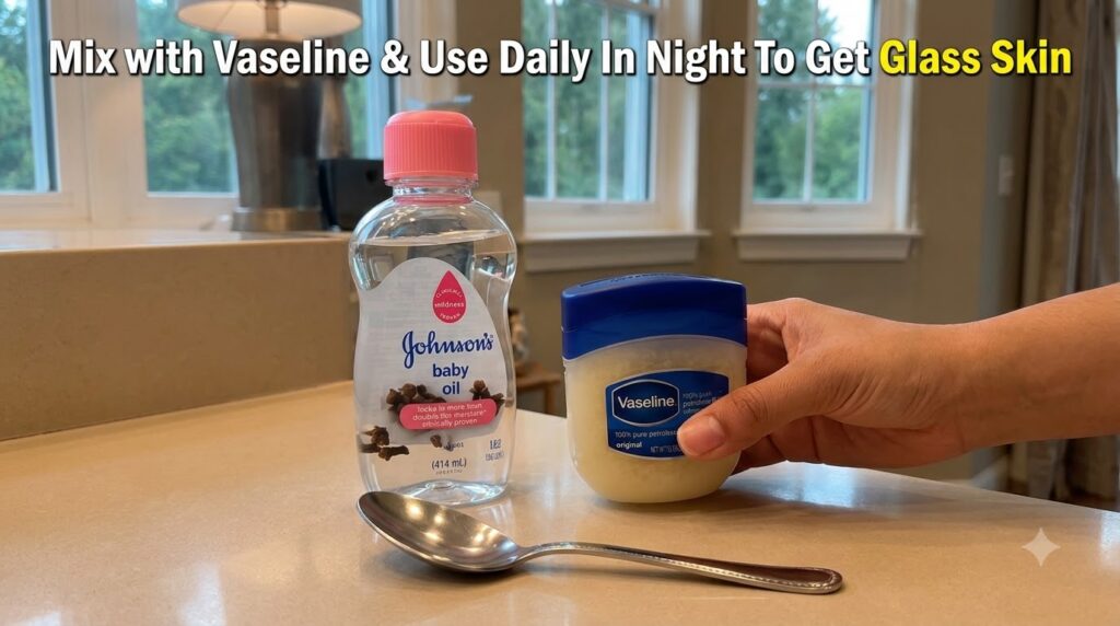 A bottle of Johnson s baby oil a container of Vaseline and a silver spoon on a light countertop with a hand gently holdi