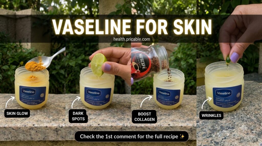 A four-panel collage showcasing different DIY beauty hacks using Vaseline Each panel features a hand holding a jar of Va