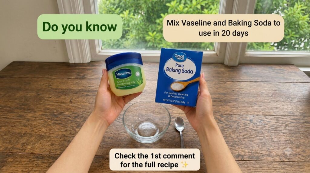 Hands holding a jar of Vaseline and a box of baking soda over a glass bowl with a spoon on a wooden table with lush gree