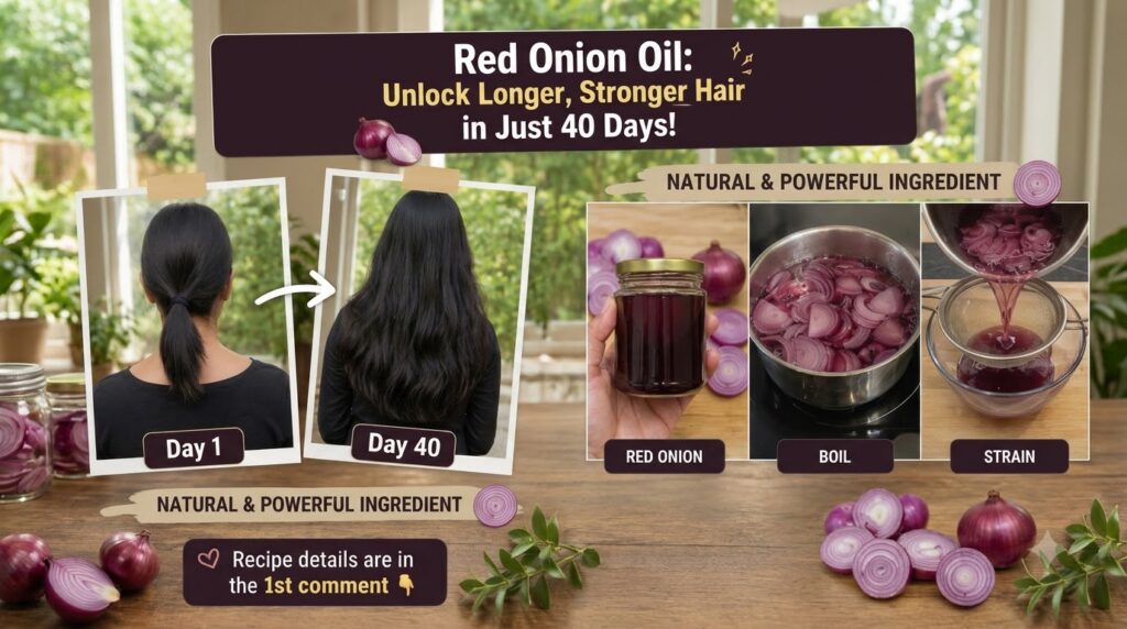 An infographic about red onion oil for hair growth showing a before and after comparison of hair and the step-by-step pr