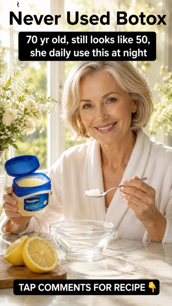 A smiling fair-skinned woman with short blonde hair wearing a white bathrobe holding an open tub of Vaseline in one hand