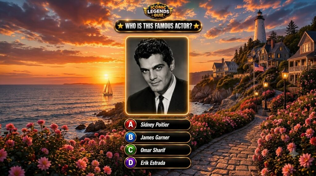 A mobile quiz game interface with a black and white portrait of Omar Sharif and a question asking to identify the actor