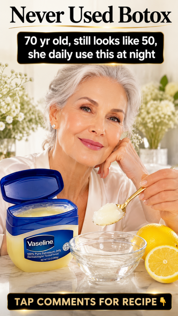 An elegantly smiling older woman with grey hair positioned behind a counter displaying an open tub of Vaseline a golden 