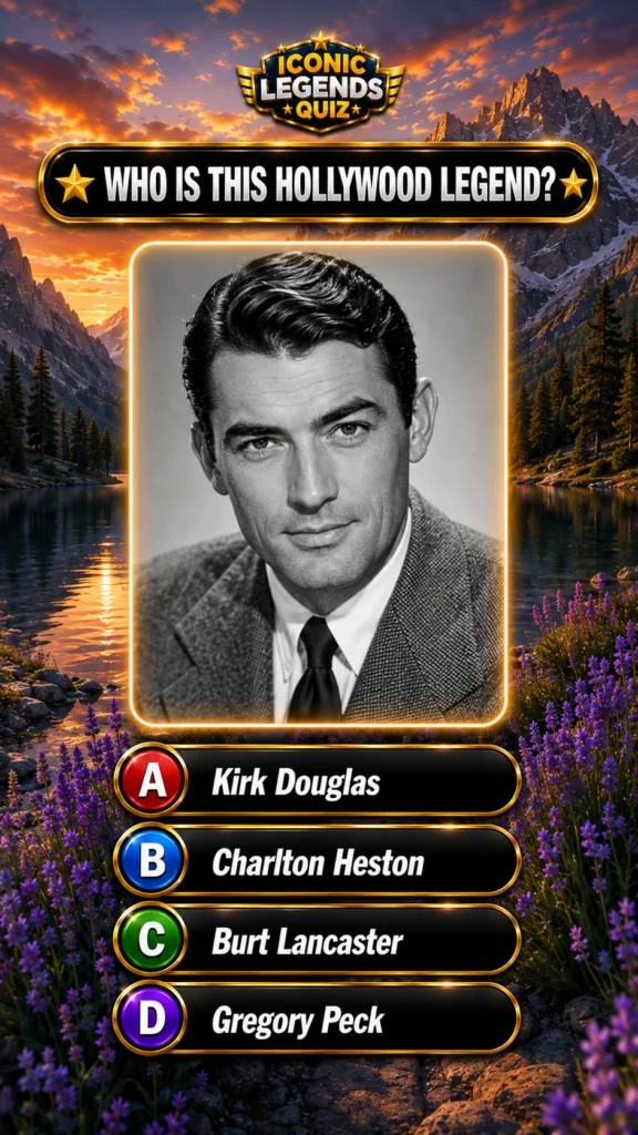 A black and white portrait of Gregory Peck in a quiz interface with the question WHO IS THIS HOLLYWOOD LEGEND and multip