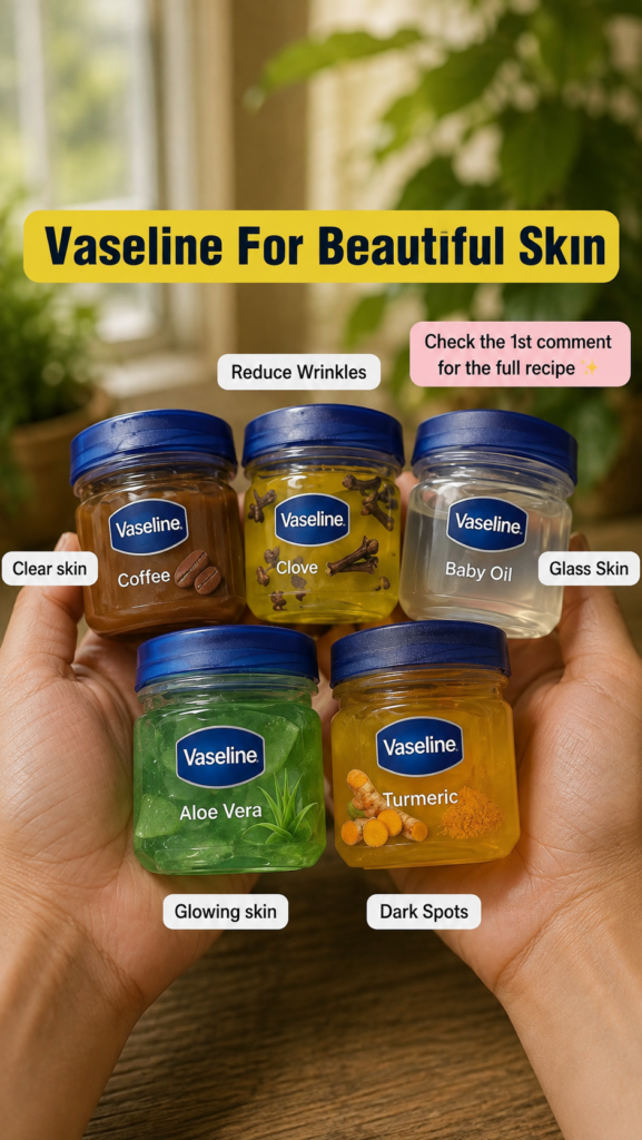 Two hands holding five small Vaseline jars each containing a different natural ingredient like coffee clove baby oil alo