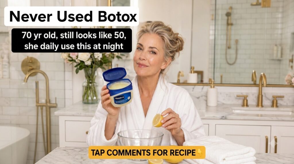 A smiling mature woman in a white bathrobe holding an open jar of Vaseline Petroleum Jelly and a lemon half over a clear