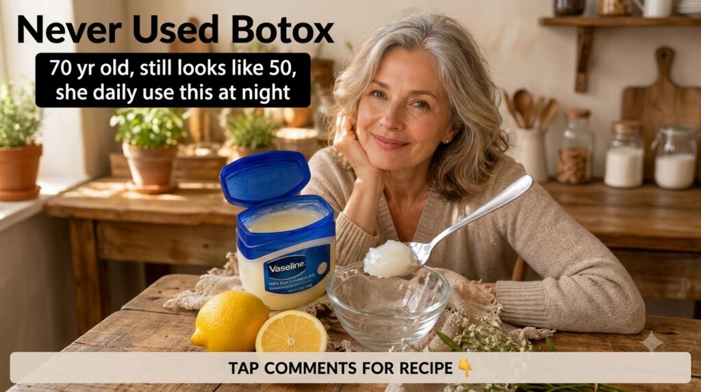 A smiling older woman with radiant skin looking at the camera In the foreground an open jar of Vaseline a spoon with jel
