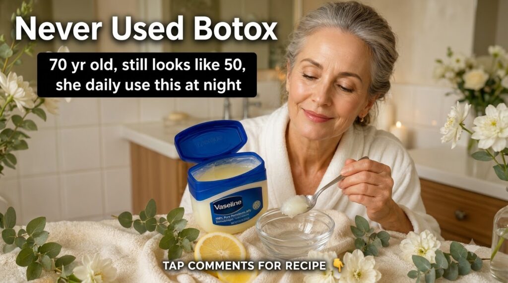 A mature woman in a white bathrobe holding a spoon of petroleum jelly over a small bowl with Vaseline lemon slices and w