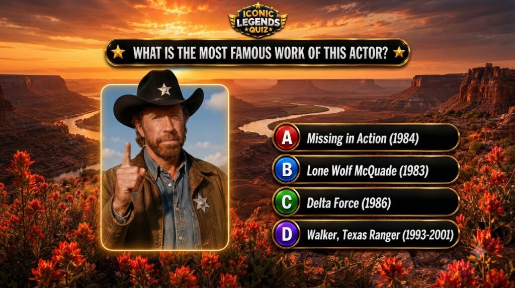 Chuck Norris as Cordell Walker dressed in a cowboy hat and denim shirt looking stoic against a dramatic desert landscape
