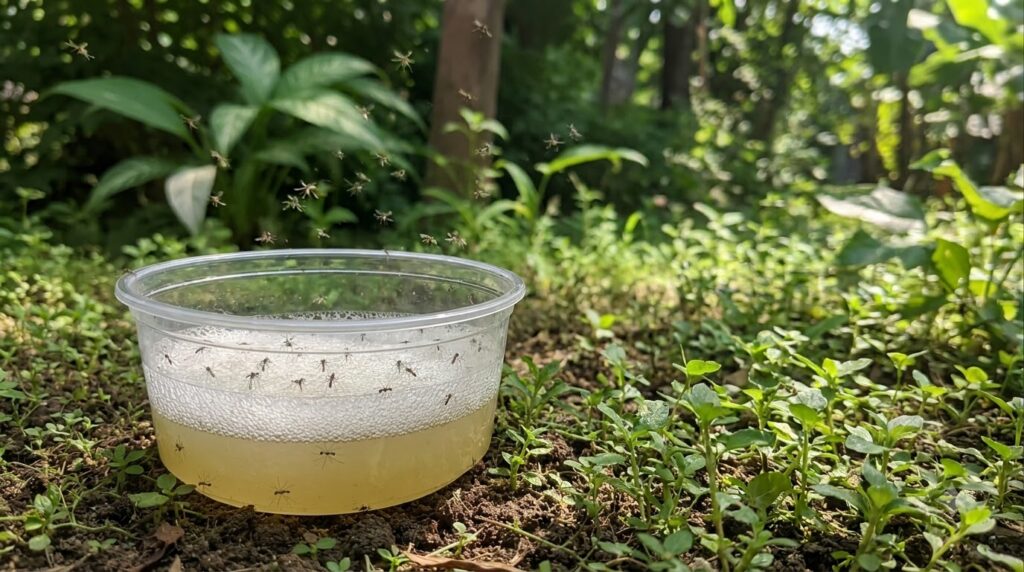 A close-up of a clear plastic bowl on a bed of soil functioning as an insect trap The bowl contains a yellowish liquid w