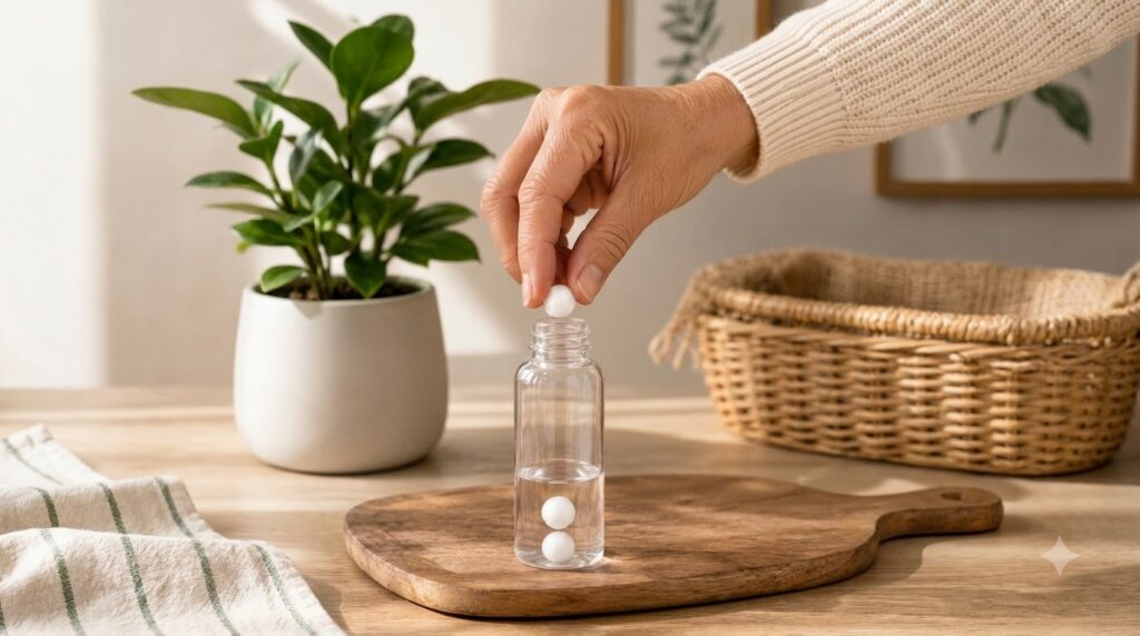 A hand gently dropping a white sphere into a clear glass bottle with water on a wooden board with a plant in the backgro