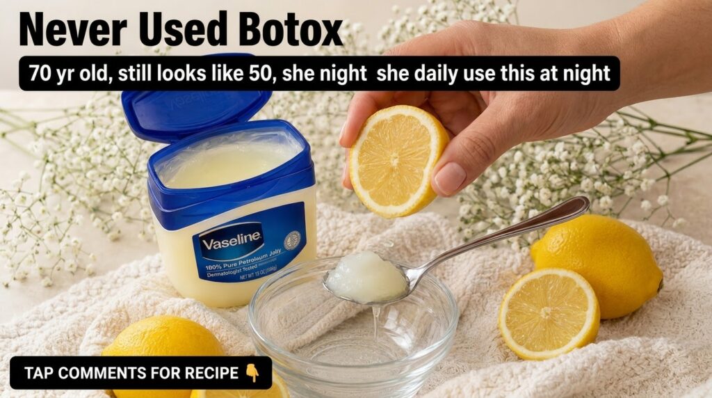 A flat lay of an open jar of petroleum jelly fresh lemons whole and halved a clear glass bowl and a spoon with a mixture