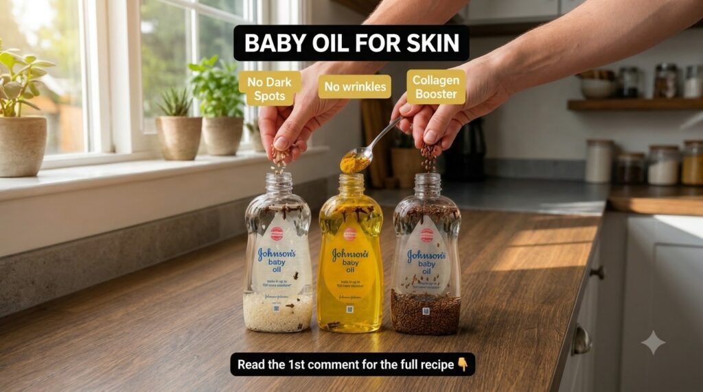 Three clear plastic bottles of Johnson s baby oil are being infused with various natural ingredients like rice turmeric 
