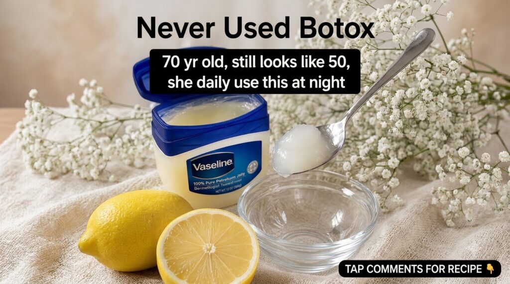 An open jar of Vaseline petroleum jelly a spoon holding a dollop of the jelly a whole lemon a half-cut lemon and a clear