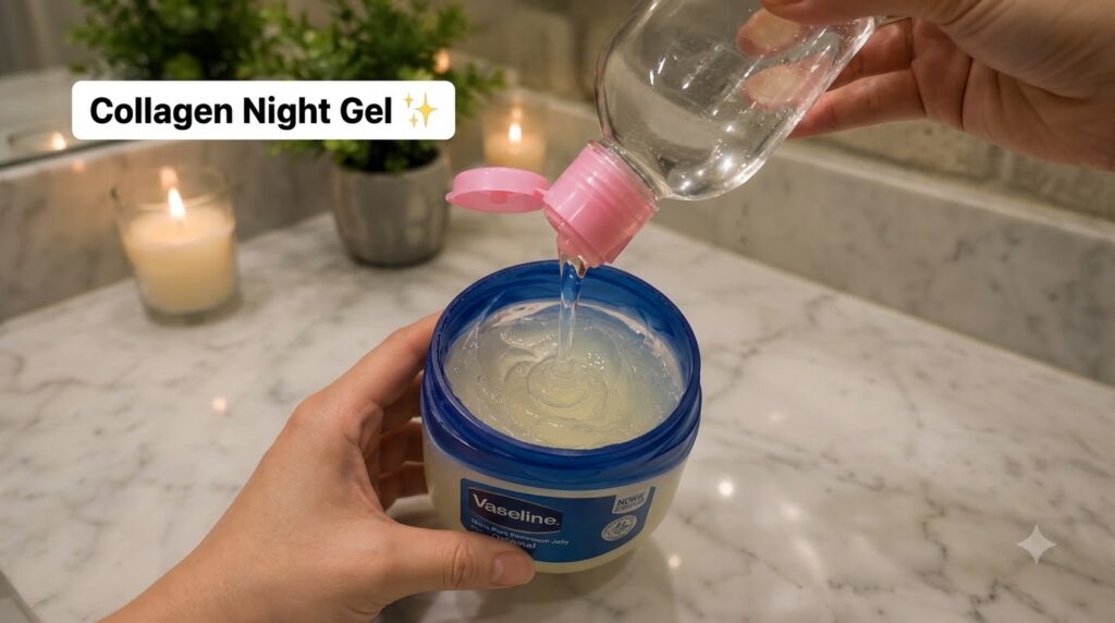 A hand holding a tub of Vaseline with a clear collagen serum being poured into it creating subtle ripples The background