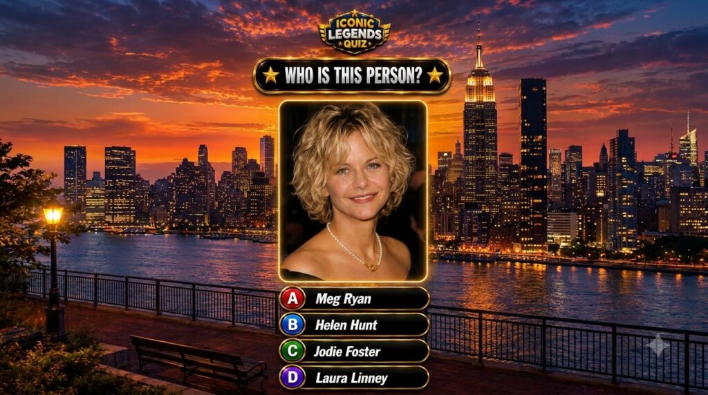 Meg Ryan s portrait on a mobile quiz game interface against a New York City sunset skyline