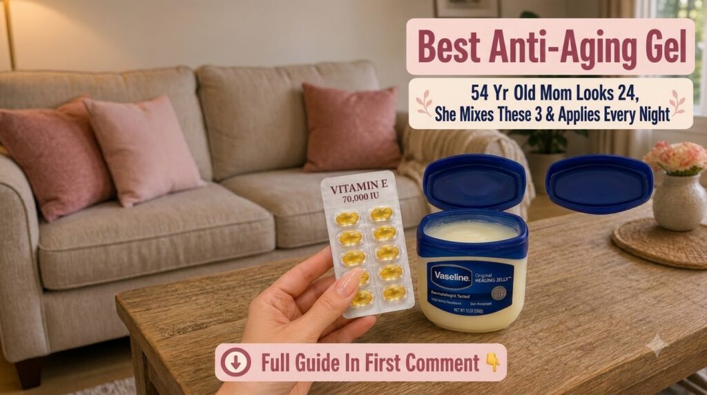 A hand holding a blister pack of Vitamin E capsules next to an open jar of Vaseline Original Healing Jelly laid flat on 