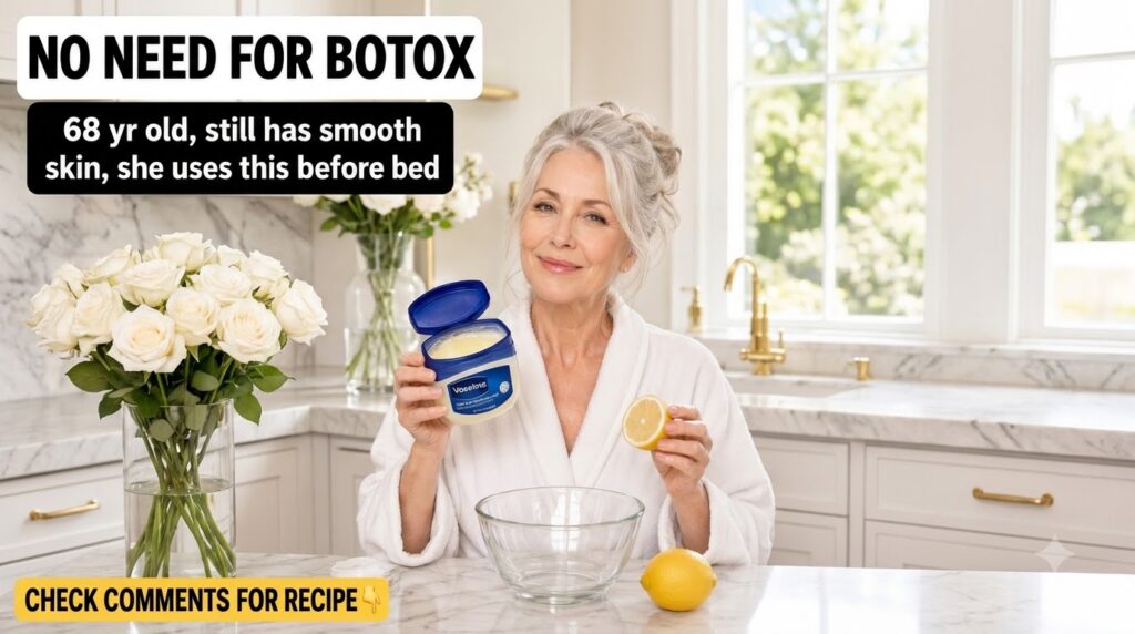 An older woman with grey hair smiling holding a jar of Vaseline and a lemon in a bright bathroom setting