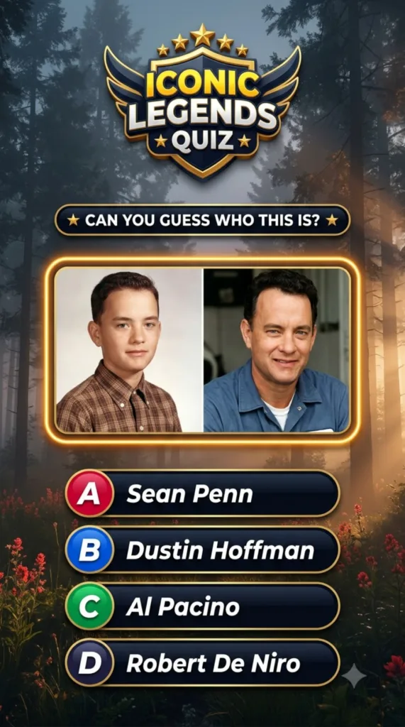 A quiz interface showing two portraits of actor Tom Hanks one younger and one older with the question Can You Guess Who 