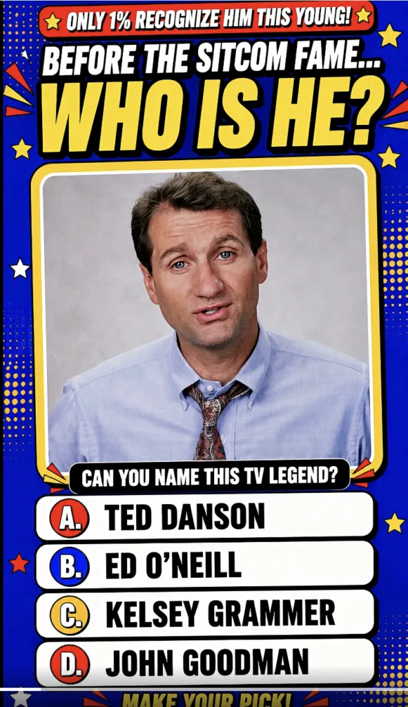 A retro-style pop culture quiz with a headshot of a younger Ed O Neill framed in yellow against a blue background with c