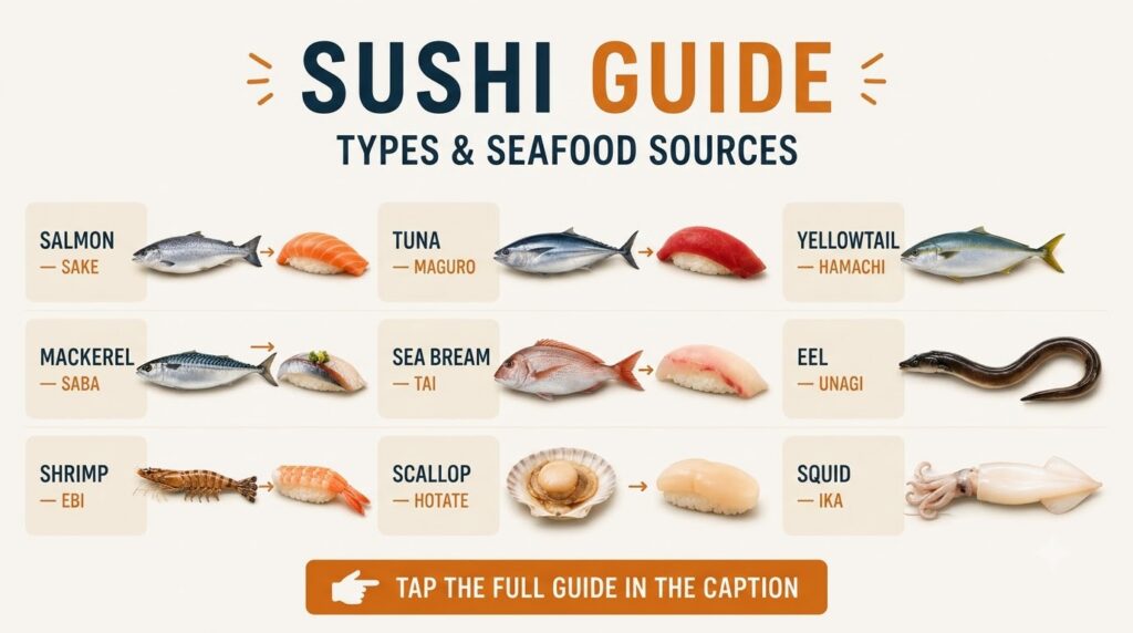 An infographic titled SUSHI GUIDE TYPES SEAFOOD SOURCES that illustrates various sushi types and their seafood origins s