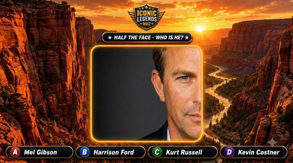 A mobile quiz game interface showing a Half the Face - Who is he challenge with a cropped image of Kevin Costner s face 