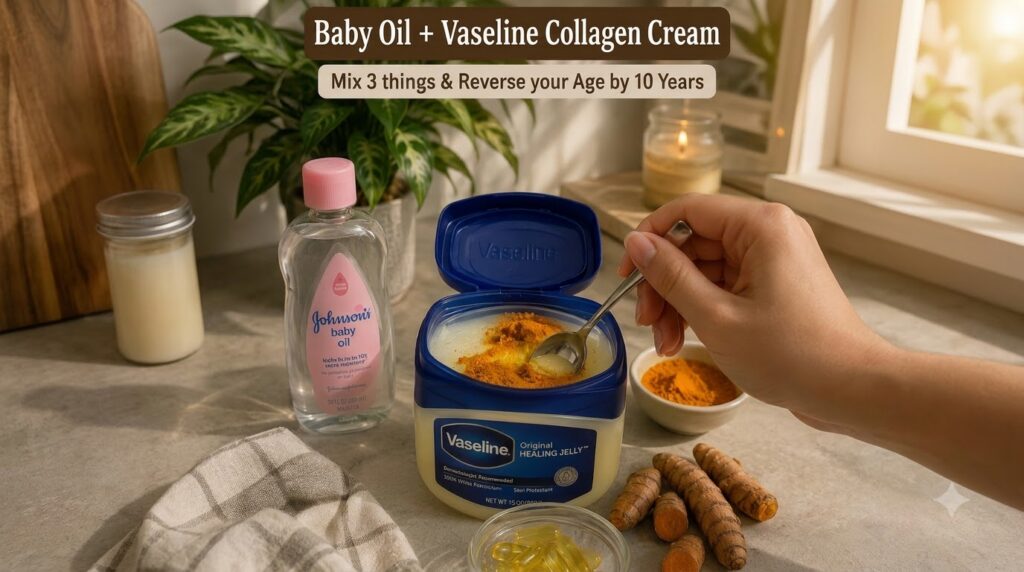 A close-up shot of a hand stirring turmeric powder into Vaseline in a small tub with a bottle of baby oil turmeric roots