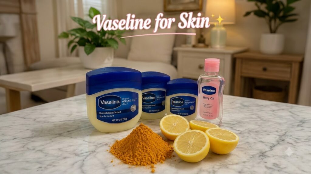 Various Vaseline products healing jelly and baby oil alongside natural ingredients like turmeric powder and cut lemons a