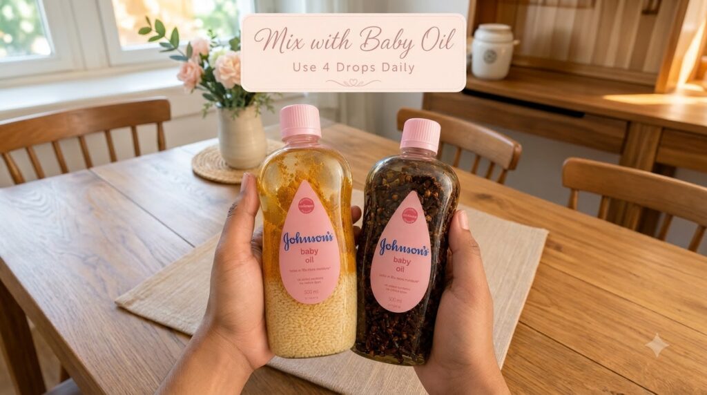 Two hands holding Johnson s baby oil bottles one infused with rice and turmeric the other with cloves on a wooden table 