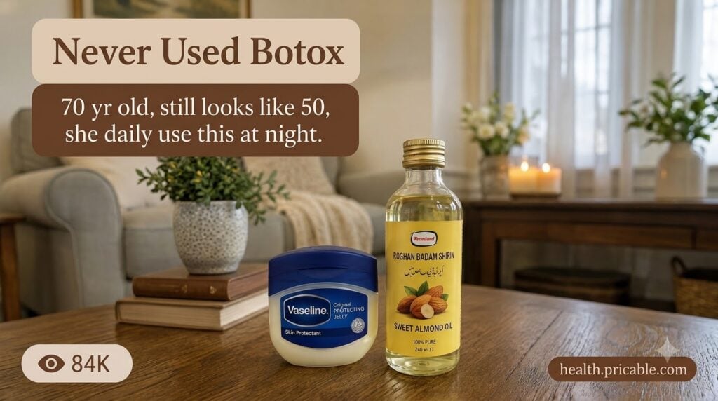 A tub of Vaseline Original Protecting Jelly and a bottle of Sweet Almond Oil on a clean wooden surface with a blurred wa