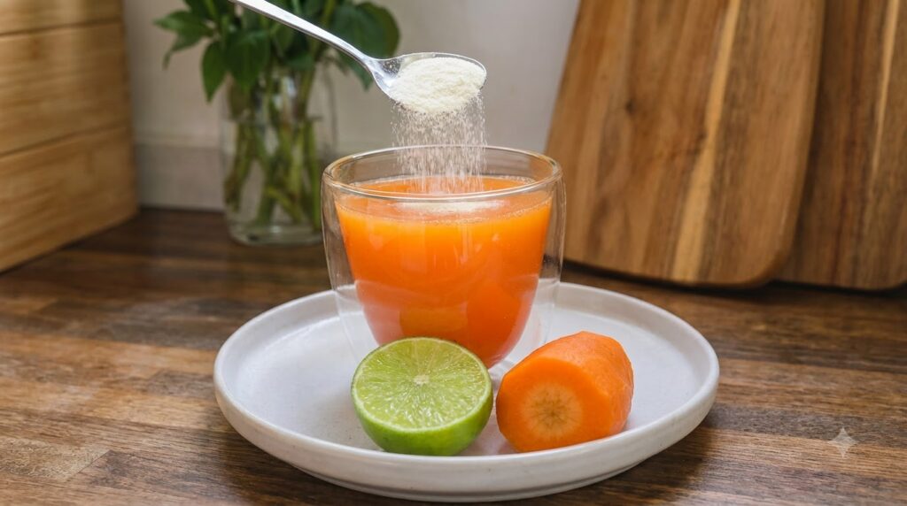 A close-up high-angle view of a glass containing bright orange carrot juice A spoon is dropping fine white powder into t