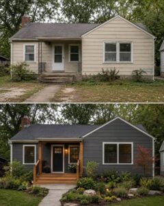 A beautifully renovated bungalow with dark siding a warm wooden entry and a meticulously designed front yard with layere