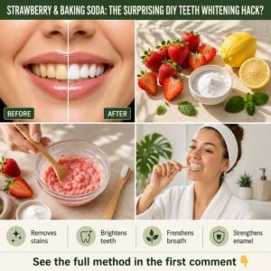 Fresh strawberries and a bowl of baking soda main ingredients for the teeth whitening hack