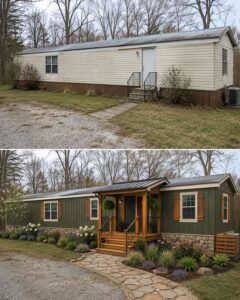 Before and after transformation of a mobile home into a charming cottage with extensive landscaping and exterior updates