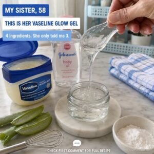 A small clear glass jar filled with a translucent slightly golden glow gel next to a fresh aloe vera leaf and a bottle o