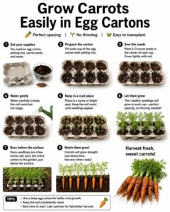 A gardener planting carrot seeds into the individual cells of an open biodegradable egg carton placed directly on a prep