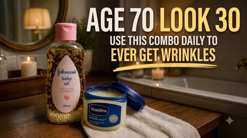A Johnson s Baby Oil bottle containing cloves next to an open jar of Vaseline Original Healing Jelly on a white towel ov
