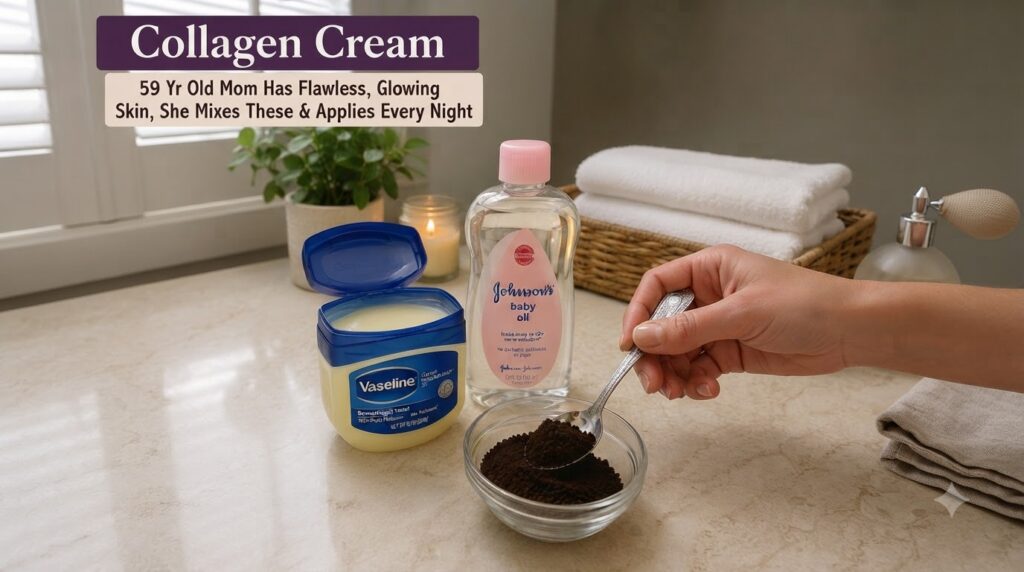 Flat lay of DIY beauty ingredients including Vaseline baby oil and coffee grounds on a countertop