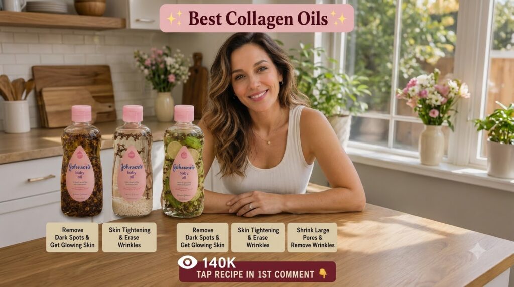 A smiling woman presenting three bottles of Johnson s baby oil infused with natural ingredients like dried flowers clove