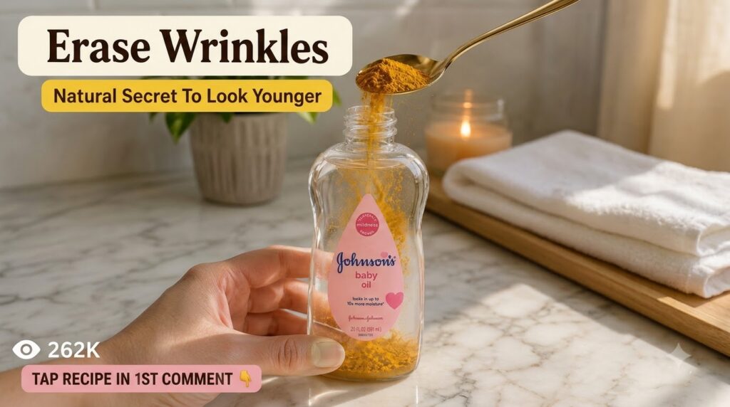 A hand holding a bottle of baby oil with a spoon pouring yellow turmeric powder into it set against a background of a po