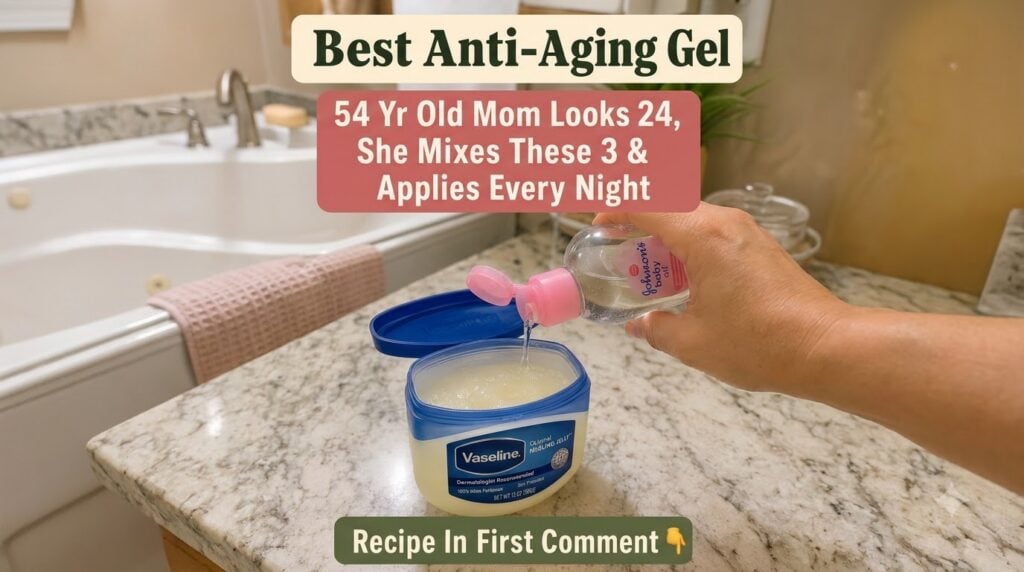A hand pouring clear baby oil from a small bottle into a large open tub of Vaseline Original Healing Jelly on a speckled