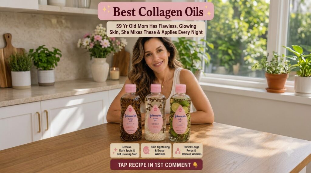 A smiling woman with radiant skin behind three custom-infused Johnson s baby oil bottles each containing natural ingredi