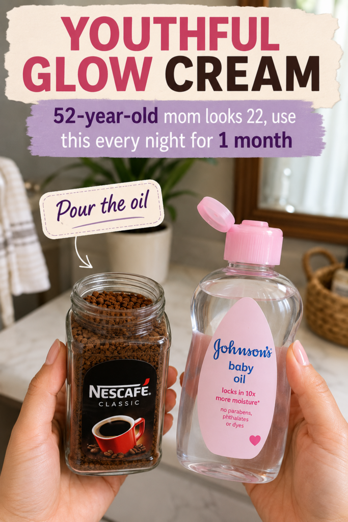 A pair of hands holding a jar of Nescafe Classic instant coffee granules and a bottle of Johnson s baby oil The backgrou