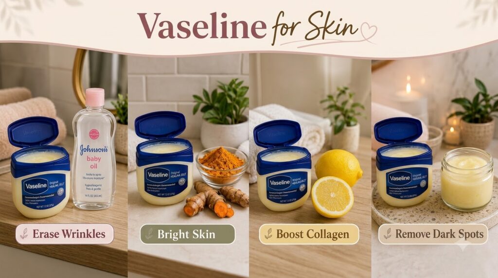 A grid showing four distinct beauty applications of Vaseline Original Healing Jelly each paired with natural ingredients