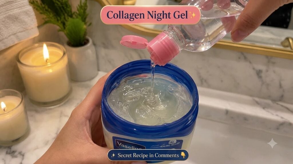 A close-up top-down view of a hand pouring clear liquid from a transparent bottle into a white Vaseline tub with a blue 