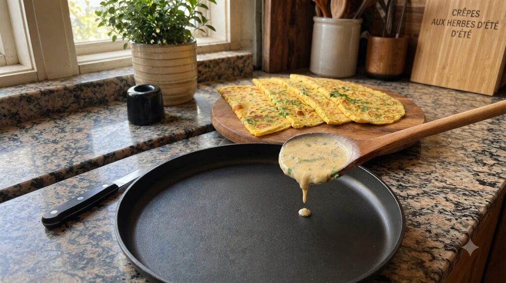 A wooden ladle holding a light yellow batter with green specks poised over a dark non-stick pan with cooked crepes and g