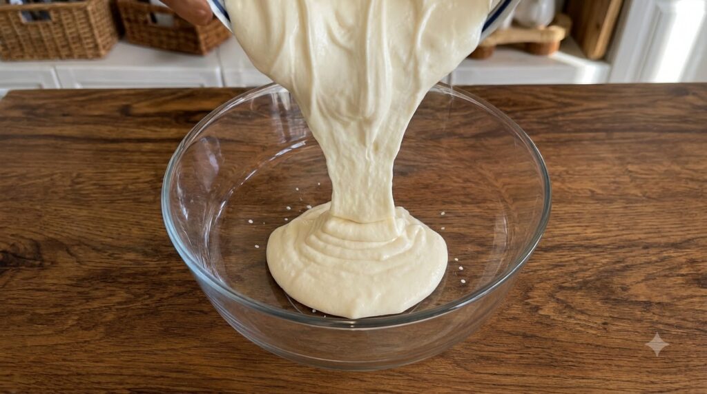 A thick creamy light-colored vegan mixture being poured from an unseen vessel into a clear glass mixing bowl on a warm w