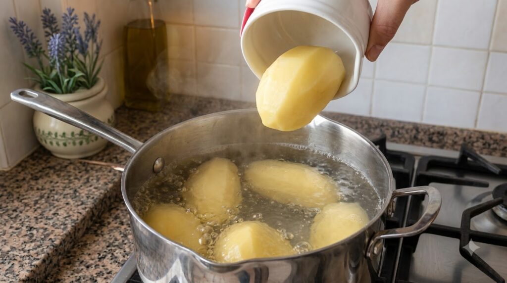 Close-up of a stainless steel pot on a stove filled with boiling water and several peeled potatoes with one potato being